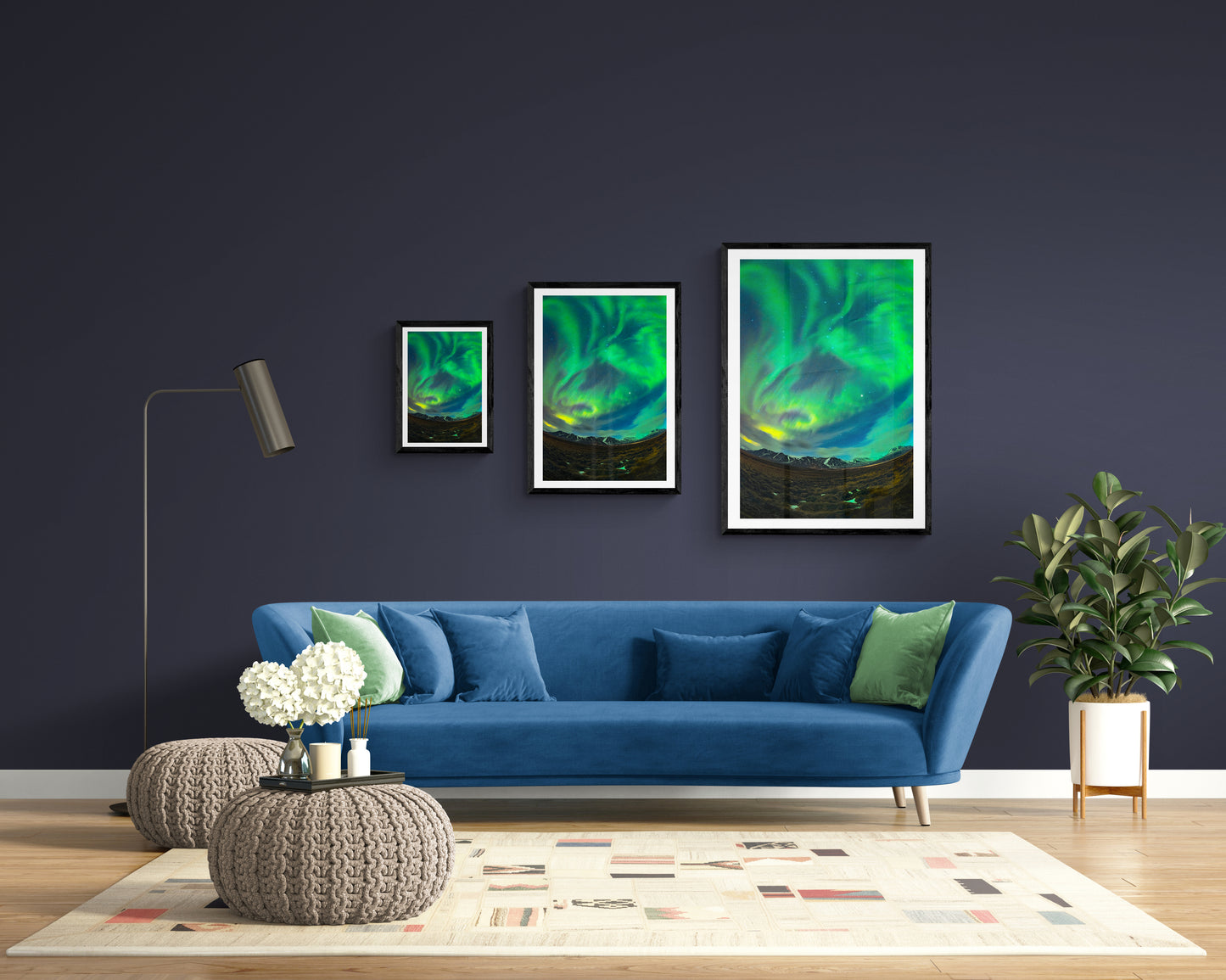 Bright Greenish Aurora Shapes a Bird Flying with a Running Rabbit