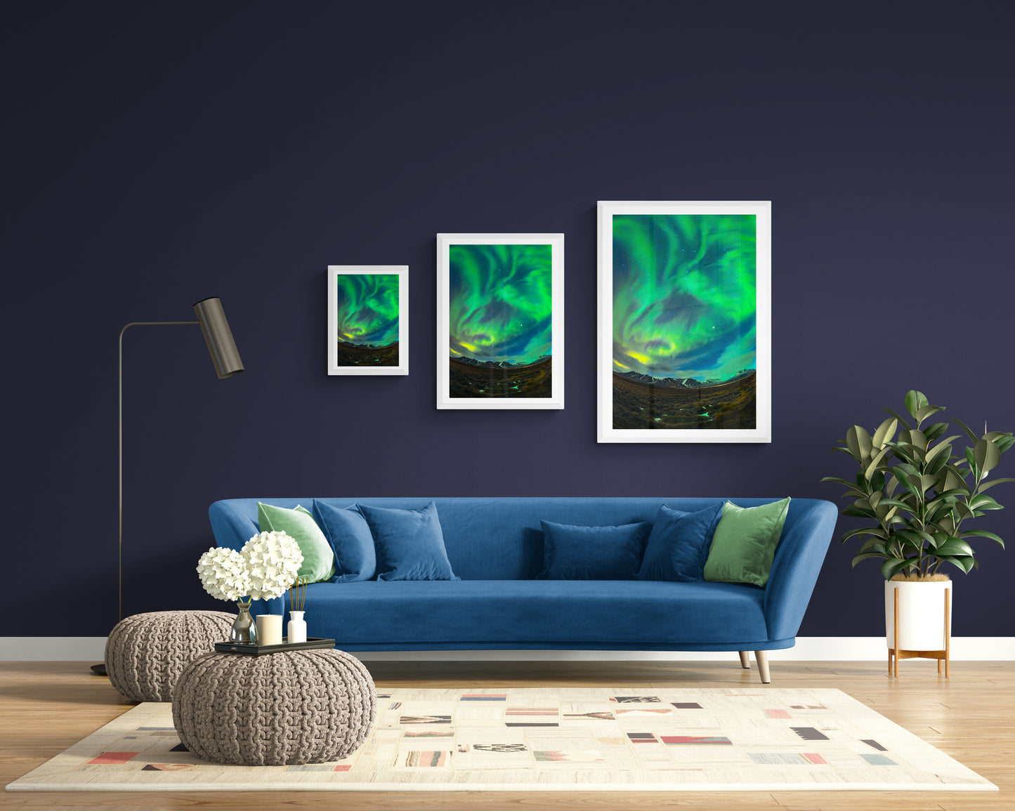 Bright Greenish Aurora Shapes a Bird Flying with a Running Rabbit