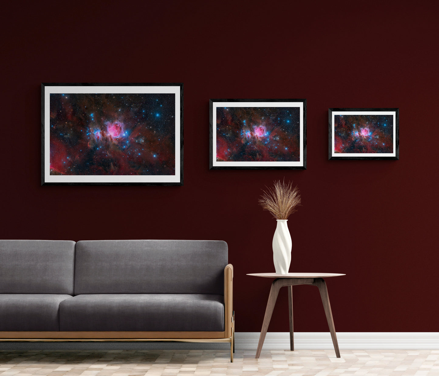 Orion Nebula Immersed in the Reddish Emission from Hydrogen Gas