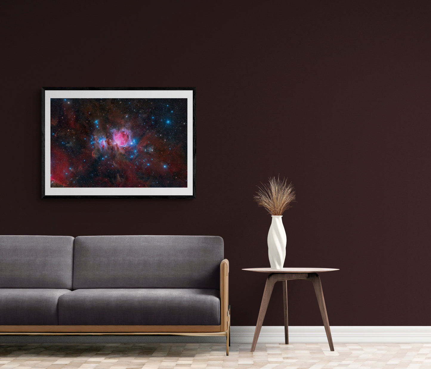 Orion Nebula Immersed in the Reddish Emission from Hydrogen Gas