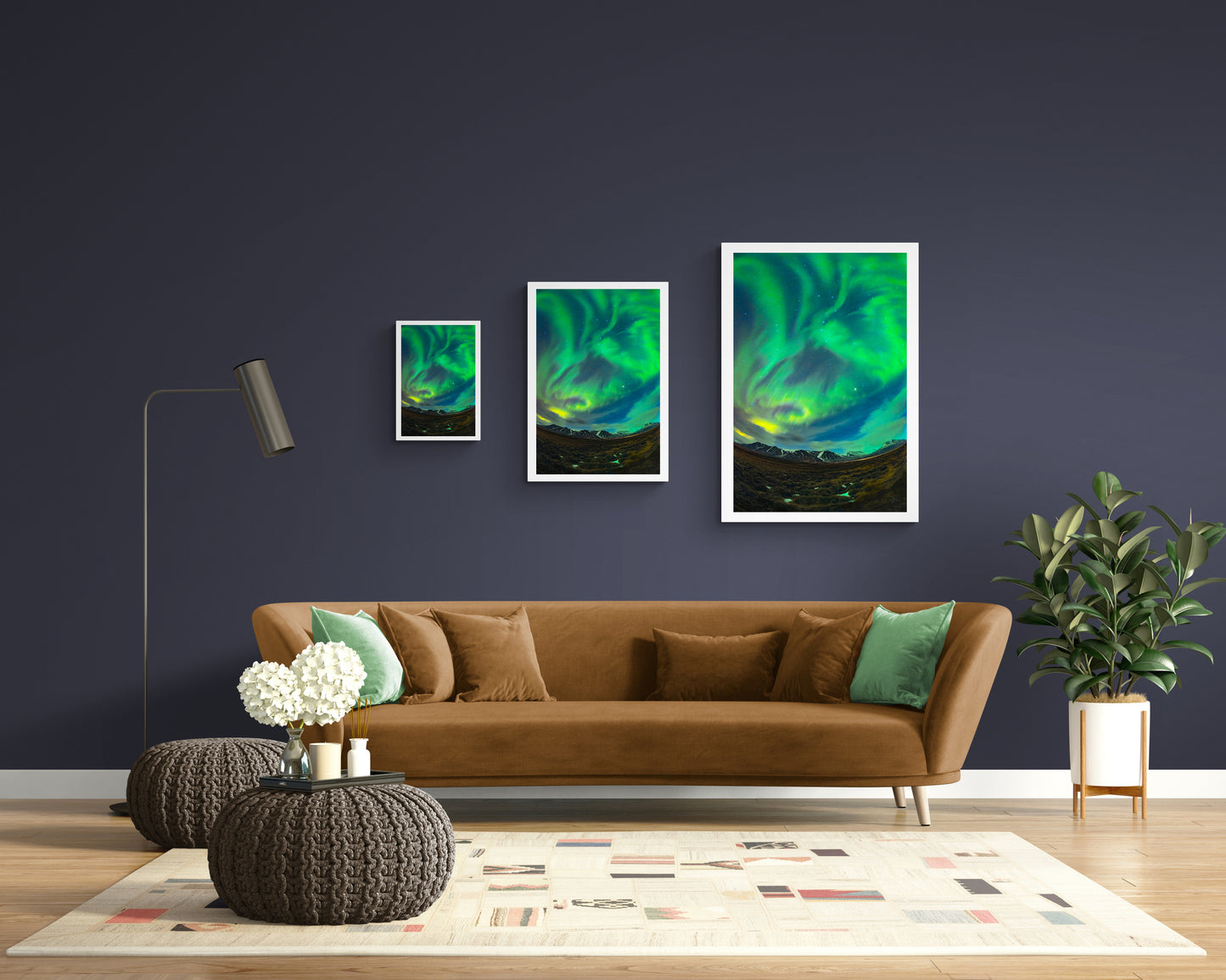 Bright Greenish Aurora Shapes a Bird Flying with a Running Rabbit